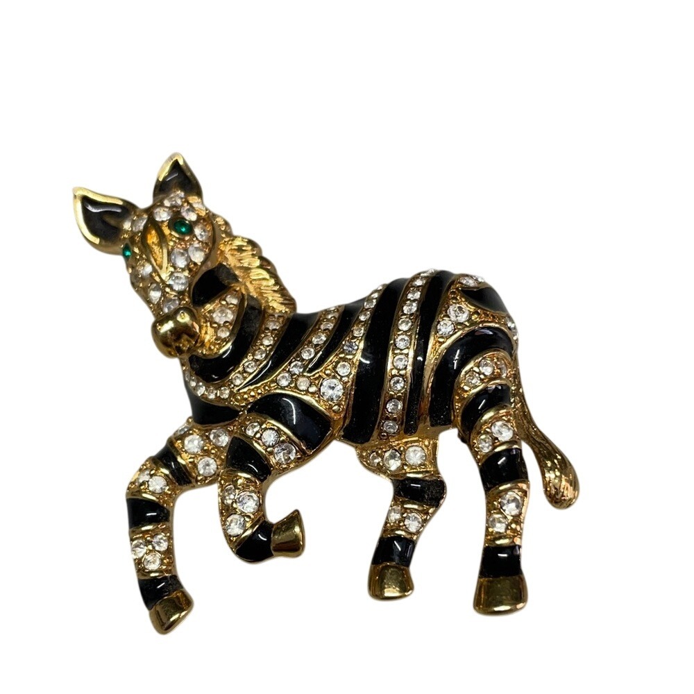 ARI 1997 Vintage Zebra Brooch Gold Tone Black Enamel Rhinestone‎ Animal Pin